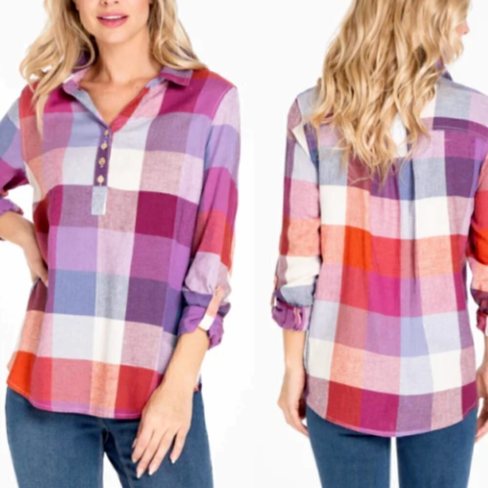 MULTIPLES Sweetheart Plaid Top Linen Rayon Sz XS‎ #228E